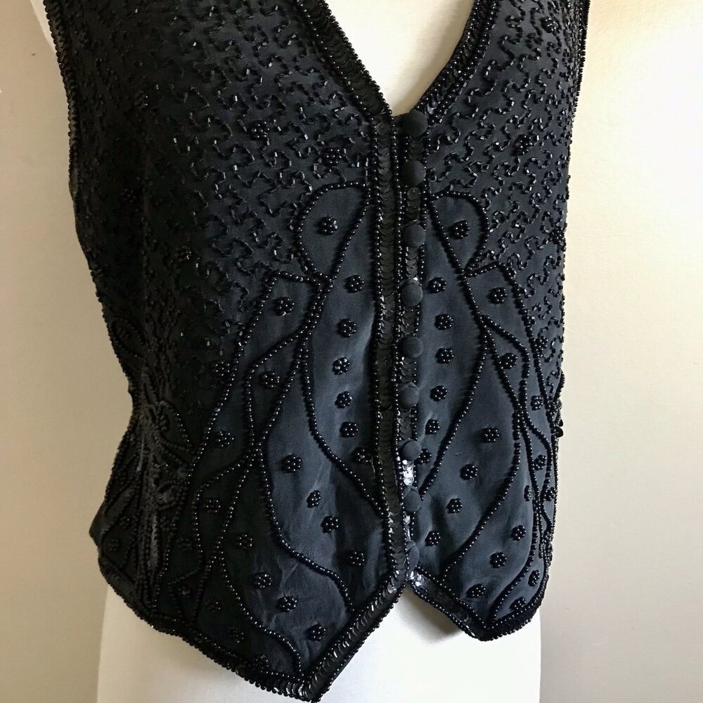 Vintage 90s Spencer‎ Jeremy Black Beaded Sequin Silk Vest - Size M - Picture 4 of 8